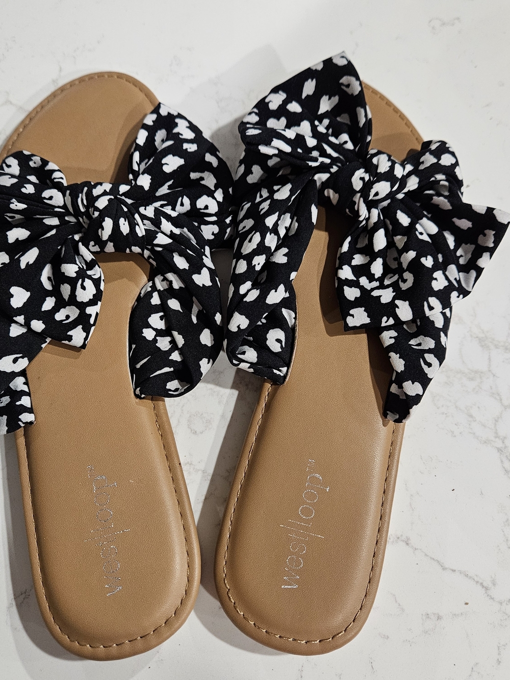 Black & White Bow Slide Sandals - Women's Flat Slides Sz 7-8